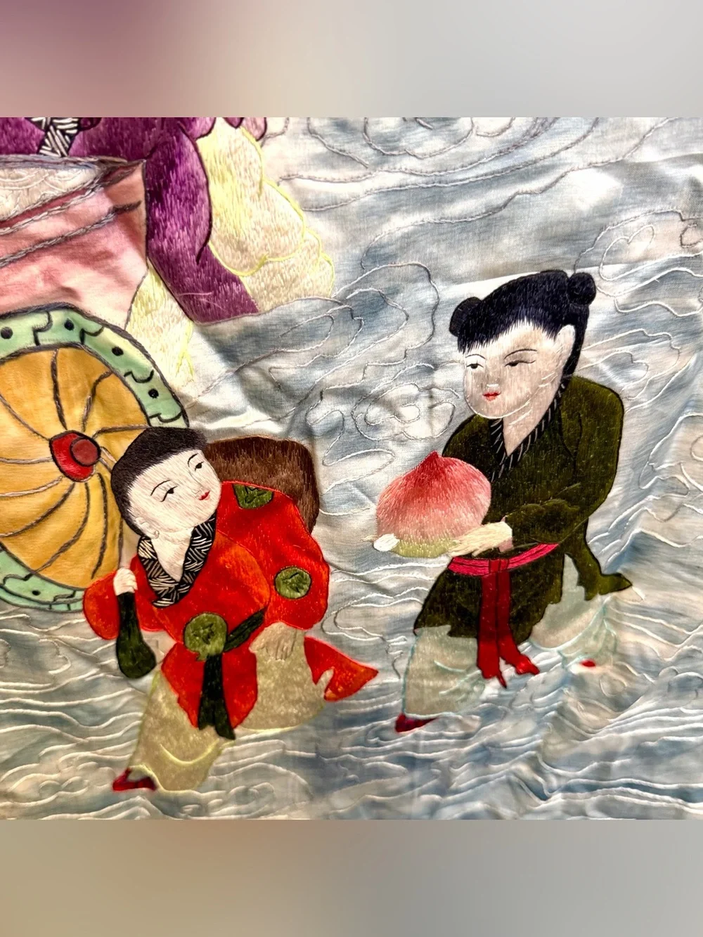 Vintage Chinese Silk Embroidery Caishen God of Wealth Wall Hanging 28x58